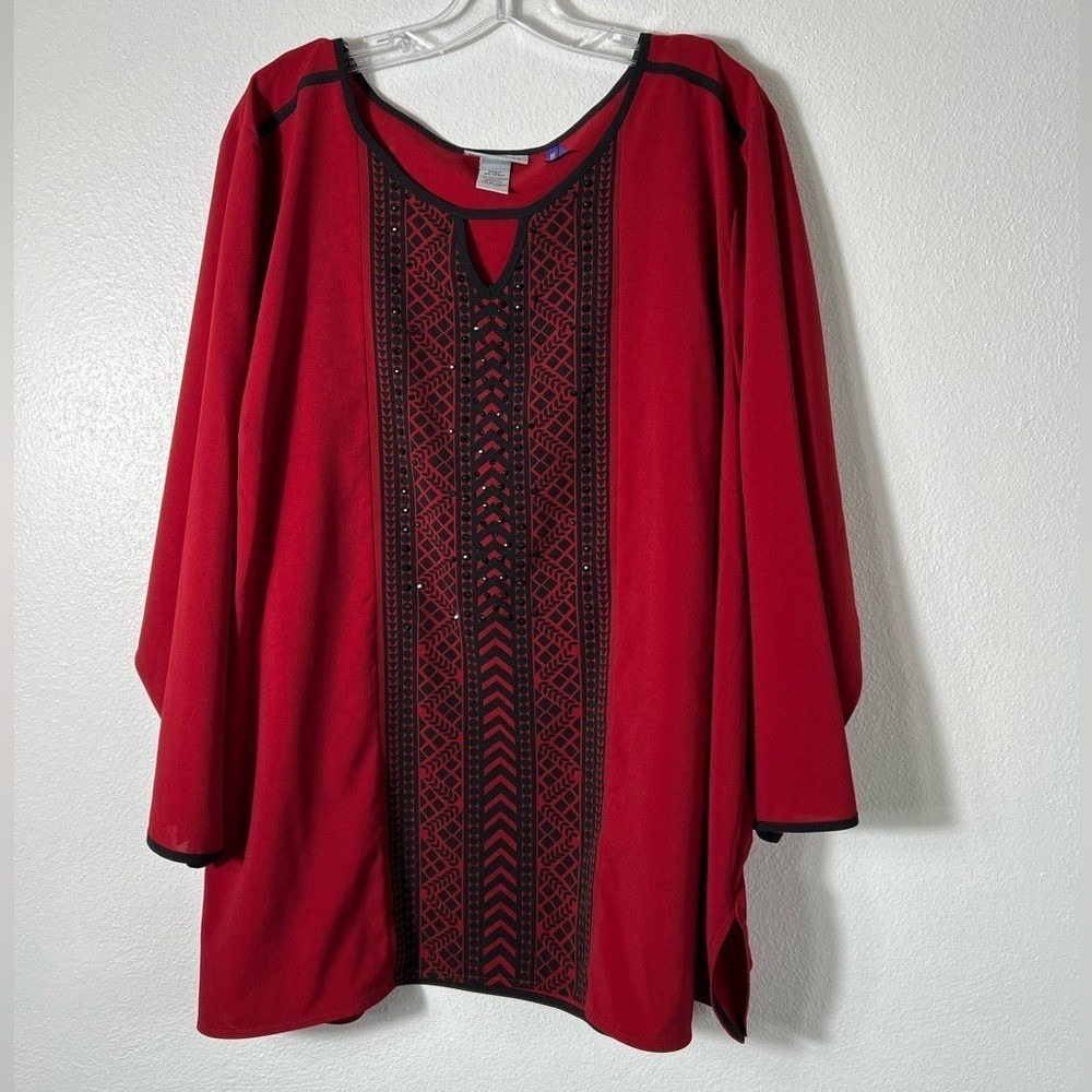 Catherines Petite 3/4 Sleeve Bead Embellished Red / Black‎ Blouse Size 3XWP